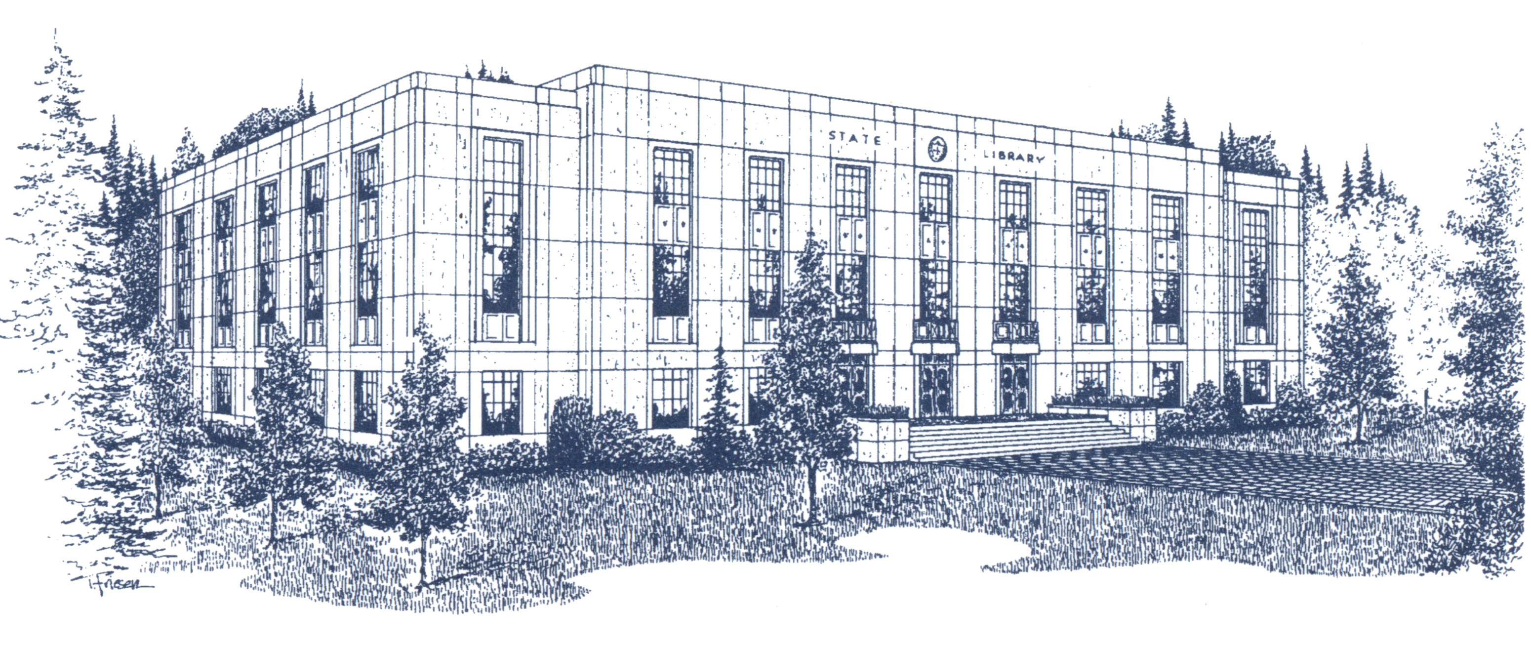 Line drawing of the State Library of Oregon building